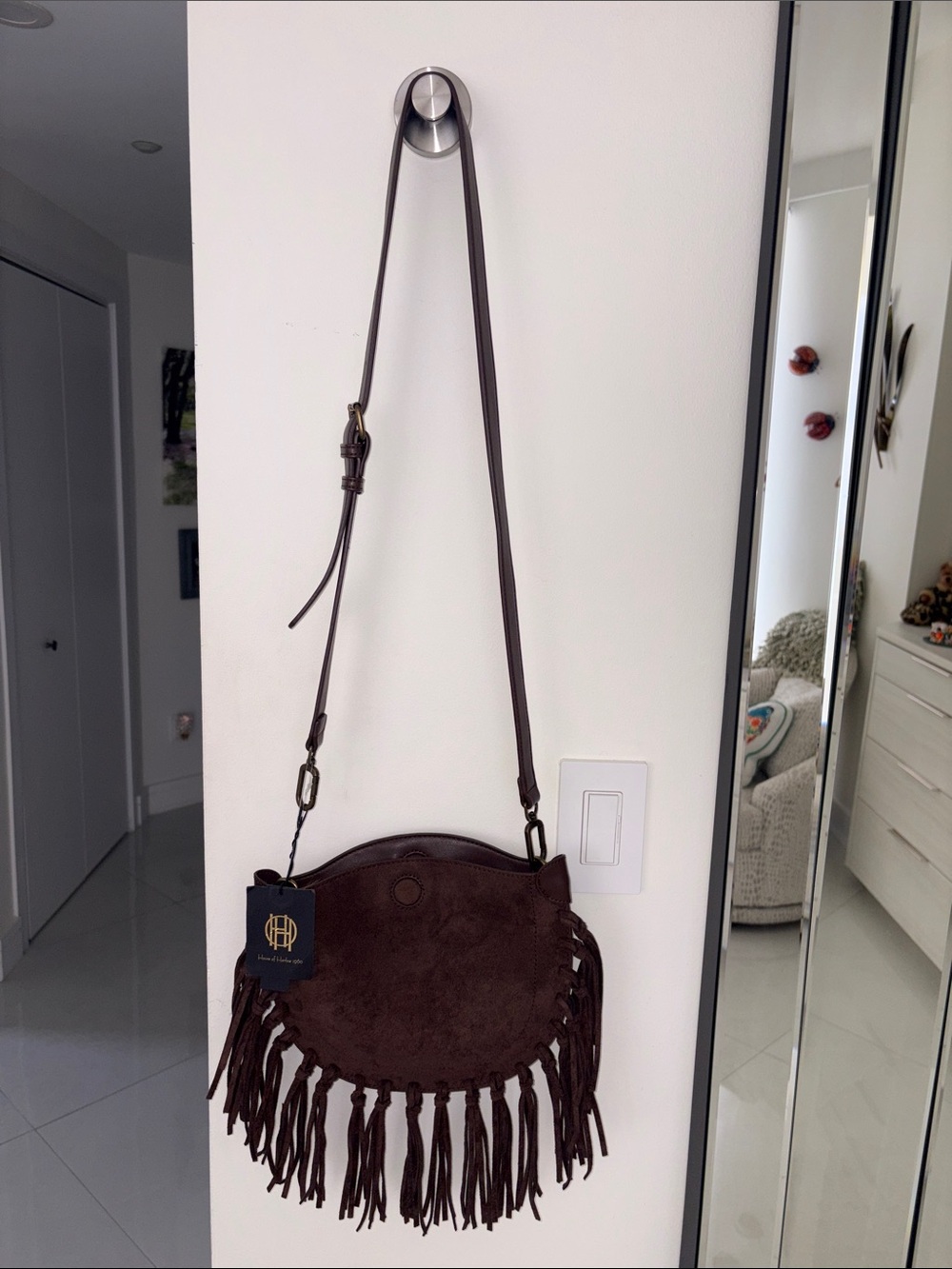 NWT House of Harlow 1960 Dark Brown Fringe Faux Suede Crossbody Bag